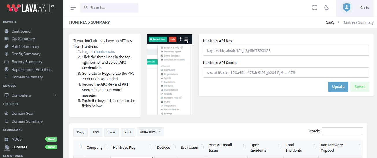 Huntress setup fields in the Huntress Summary