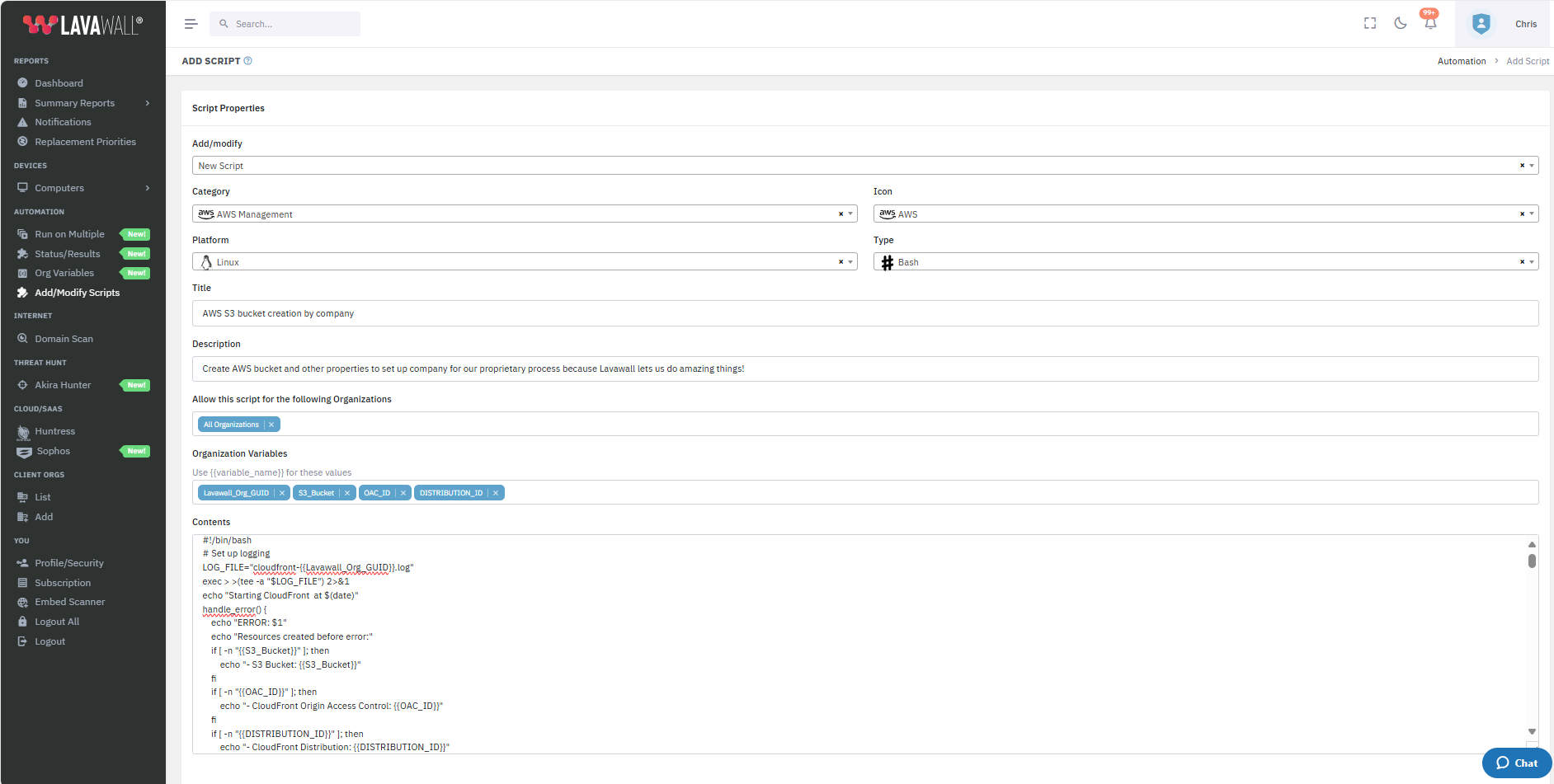 Lavawall&reg; script with organization variables